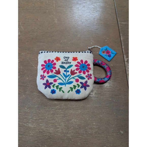 Natural Life Cup of Happy Coin Purse Floral Embroidered Zipper Pouch coffee love - Picture 1 of 4